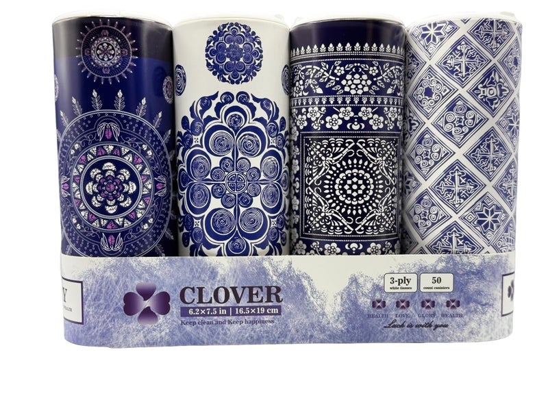 مناديل وجه أنبوب دائري من كلوفر - مناديل سيارات - مناديل سفر في أسطوانة مدمجة لحامل الأكواب - للمكتب - غرفة النوم - طاولة الزينة - 3 طبقات - عبوة من 4